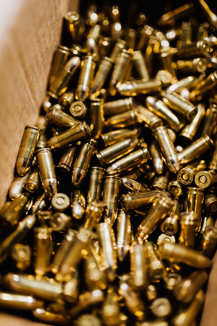 about-us Detailed close-up of brass bullets in a box, showcasing ammunition storage.